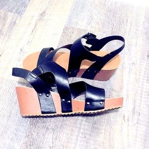 Bamboo Black Strappy Wedges